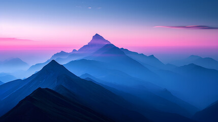 A mountain range, with neon-pink and pastel blue hues in the background, during a mystic dawn,...