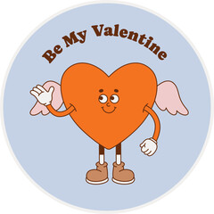 The hand-drawn heart retro character with a phrase. Vector illustration in trendy retro cartoon style. Love, Valentine's Day.
