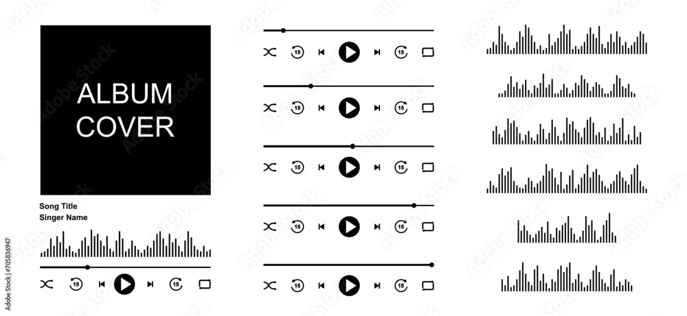 Wall mural music mp3 player interface with album cover frame, buttons, progress bar and equalizer. simple song 