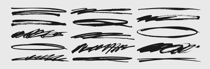Grungy smears and rough brush strokes collection. Underline and strikethrough set.