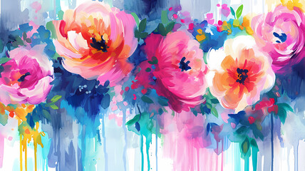 Vibrant watercolor florals with loose brush strokes and dripping paint details