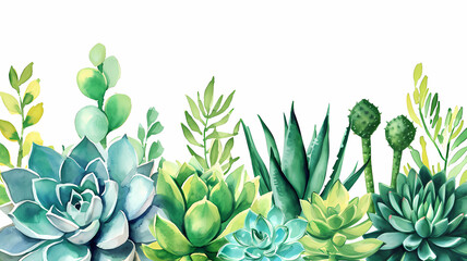 Watercolor botanical illustrations of succulents and cacti, with vibrant green hues