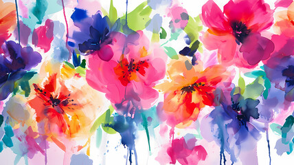 Vibrant watercolor florals with loose brush strokes and dripping paint details - obrazy, fototapety, plakaty