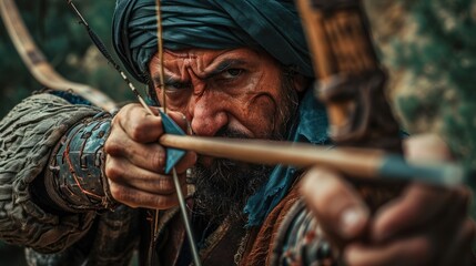 Ottoman Archery Mastery: Witness the adaptability of a 28-year-old Ottoman archer, employing a composite bow in various terrains, adorned in distinctive Ottoman armor and a turban, symbolizing the ver