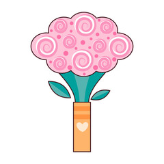 Vector illustration of a cartoon bouquet of pink roses with an outline on a white background. Roses for a postcard