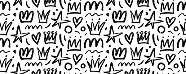 Fototapeta na wymiar Seamless banner design with charcoal crowns, stars, hearts and circles.