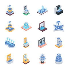 Collection of Modern Fountains Isometric Icons 

