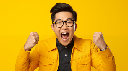 Homme asiatique, jeune, heureux, les poings serrés, portant des lunettes, arrière-plan jaune - obrazy, fototapety, plakaty