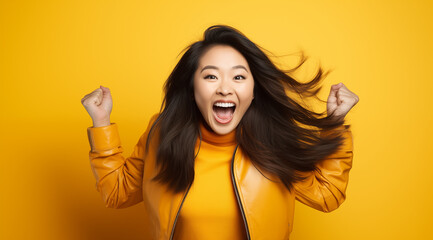 Femme asiatique jeune, heureuse, souriante, bras levés, poings serrés, arrière-plan orange - obrazy, fototapety, plakaty