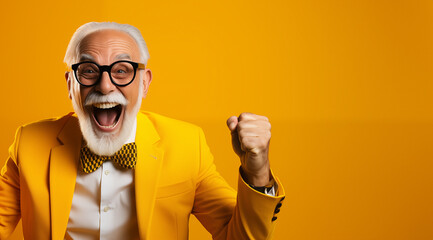 Homme senior heureux, le poing serré avec barbe et lunettes, arrière-plan orange, image avec espace pour texte