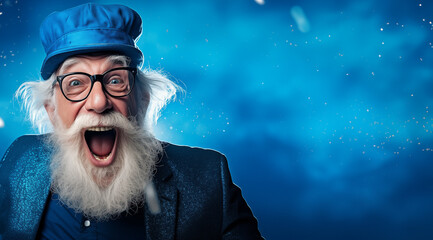 Homme senior, souriant, heureux avec barbe, lunettes et casquette, arrière-plan bleu, image avec espace pour texte
