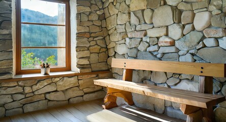 Wooden rustic bench near wild stone cladding wall against window. Farmhouse interior design . bench