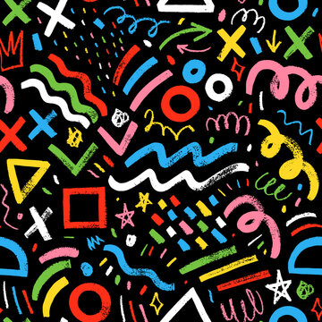 Colorful childish style geometric seamless pattern with various brush strokes and shapes.