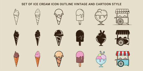 set of ice cream icon vector illustration template graphic design. bundle collection of various gelato or food frozen line art vintage and cartoon concept for business shop cafe or restaurant - obrazy, fototapety, plakaty