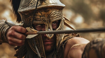 Epic Alexanderian Archer: Experience the Hellenistic style of archery with a Greek warrior, clad in a chlamys and Corinthian helmet, engaging in battle using a compact short bow during the time of Ale - obrazy, fototapety, plakaty