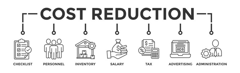Cost reduction banner web icon vector illustration concept with icon of checklist, personnel, inventory, salary, tax, advertising and administration
