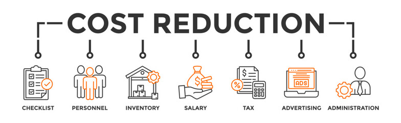 Cost reduction banner web icon vector illustration concept with icon of checklist, personnel, inventory, salary, tax, advertising and administration