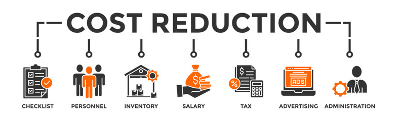 Cost reduction banner web icon vector illustration concept with icon of checklist, personnel, inventory, salary, tax, advertising and administration