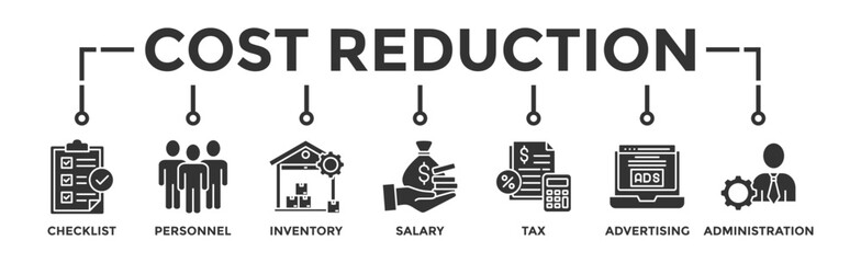 Cost reduction banner web icon vector illustration concept with icon of checklist, personnel, inventory, salary, tax, advertising and administration