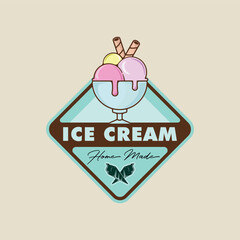 ice cream balls in bowl logo emblem vector illustration template icon graphic design. food frozen or gelato gelateria sign and symbol for business shop cafe with badge typography style
