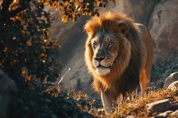 King of the Jungle. Witness the intense action of a wild lion in the jungle, showcasing its fearsome and majestic presence as the undisputed king of the savanna