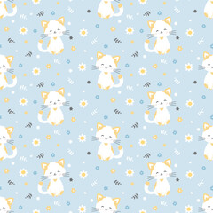 Seamless pattern of cute kawaii cats with flowers