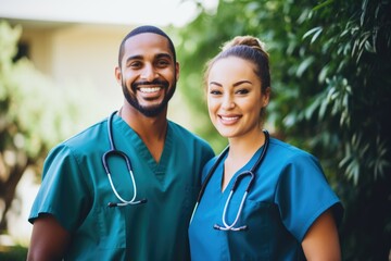 Smiling portrait of a young male and female nurse - obrazy, fototapety, plakaty