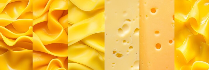 Assorted cheese products divided by white vertical lines in bright white style collage