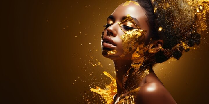 art fantasy portrait african american woman goddess.golden liquid drops on beautiful model,gold metallic skin make-up. Beauty woman makeup close up.