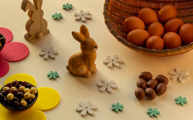 Easter table with eggs in basket bowl, bunny, chocolate eggs and flowers. Easter decoration...