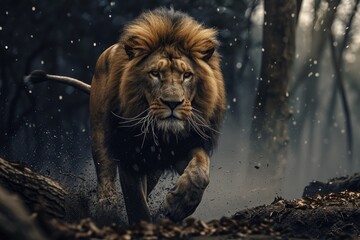 King of the Jungle. Witness the intense action of a wild lion in the jungle, showcasing its fearsome and majestic presence as the undisputed king of the savanna