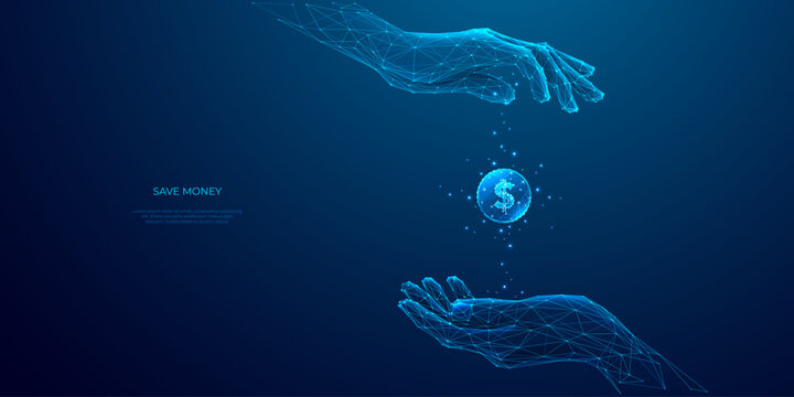 Save money concept. 3D woman hands holding one flight dollar coin. Finance vector illustration on technology blue background. Cashback and finance metaphor. Low poly wireframe. Banking and economy.