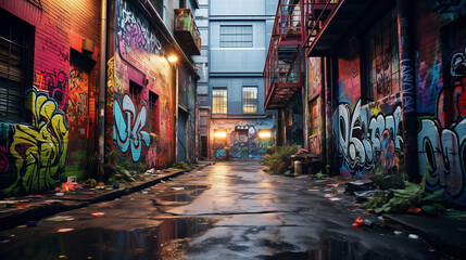 A high-quality photograph revealing a gritty, urban alleyway, transformed into a canvas for colorful street art and graffiti, reflecting the dynamic and rebellious nature of the urban landscape - obrazy, fototapety, plakaty