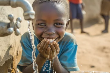 Foto op Plexiglas African Child Grateful For Tap Water, Fighting Hunger Worldwide © Anastasiia