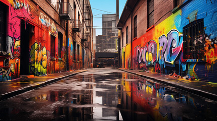 A high-quality photograph revealing a gritty, urban alleyway, transformed into a canvas for colorful street art and graffiti, reflecting the dynamic and rebellious nature of the urban landscape - obrazy, fototapety, plakaty
