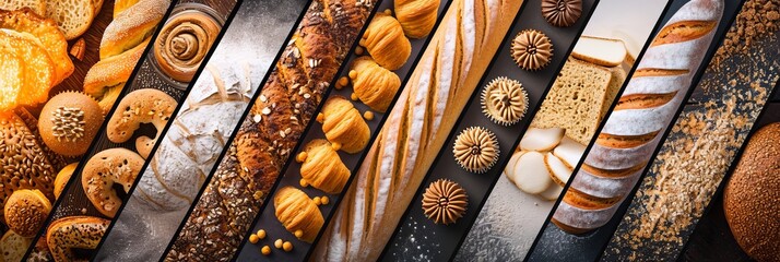 Assorted bakery products collage divided by white vertical lines, featuring bright white style - obrazy, fototapety, plakaty
