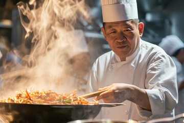 Asian Chef Showcasing Culinary Skills In Restaurant