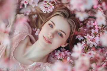 Beautiful Happy Woman Lying In Spring Cherry Blossoms