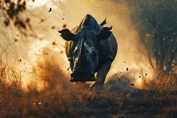 Majestic Rhino: Witness the imposing presence of a rhinoceros in action in its natural habitat, showcasing the majestic and formidable strength of this magnificent force of nature.

 - obrazy, fototapety, plakaty
