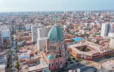Aerial view of the Church of the Immaculate Heart of Mary, located in the historic district of Magdalena. Peru