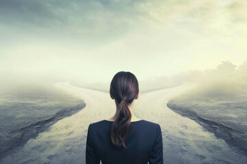 Businesswoman Ponders Decision Amidst Two Diverging Paths - 705839990