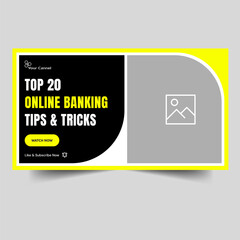 Vector illustration banking tips and tricks video thumbnail banner design, finance concept video cover banner design, editable vector eps 10 file format