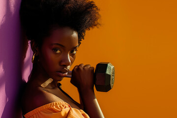 Dumbbell Diva: Witness the Power and Grace of an African Girl Holding a Dumbbell, Set Against a Bold Purple and Yellow Backdrop - A Stunning Fusion of Fitness and Vibrancy.

