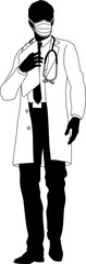 Silhouette doctor man medical healthcare person. In a lab coat and PPE mask holding a clipboard.