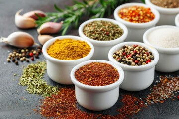 Cups Filled With Various Seasonings Table Background - obrazy, fototapety, plakaty