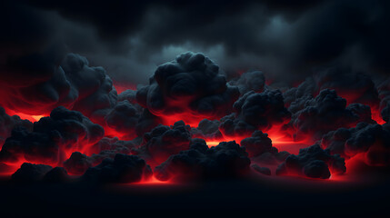 3d render, abstract background, Black fluffy cloud illuminated with Red neon light