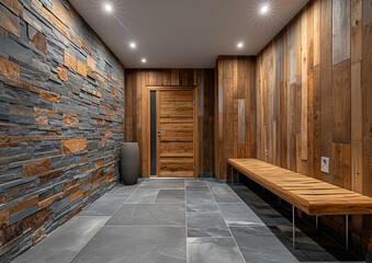 A luxury hotel lobby entrance with a large door, stone wall panel.