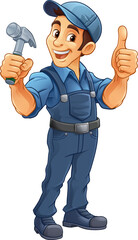 A handyman or carpenter cartoon construction man mascot character holding a hammer tool