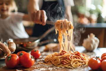 Family Cooking Spaghetti Together - obrazy, fototapety, plakaty