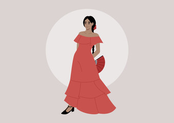 A youthful woman, exuding grace and passion, adorned in a vibrant red dress, black shoes, and wielding an open hand fan, embodies the spirit of flamenco through her captivating dance